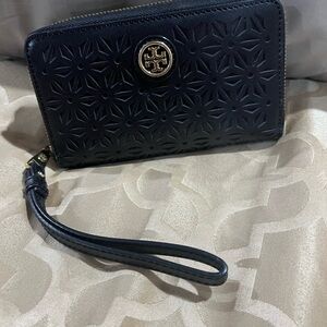 Tory Burch Black Embossed Wristlet